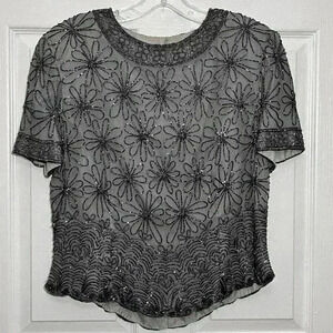PAPELL BOUTIQUE Vintage Gray Beaded Top Size Large